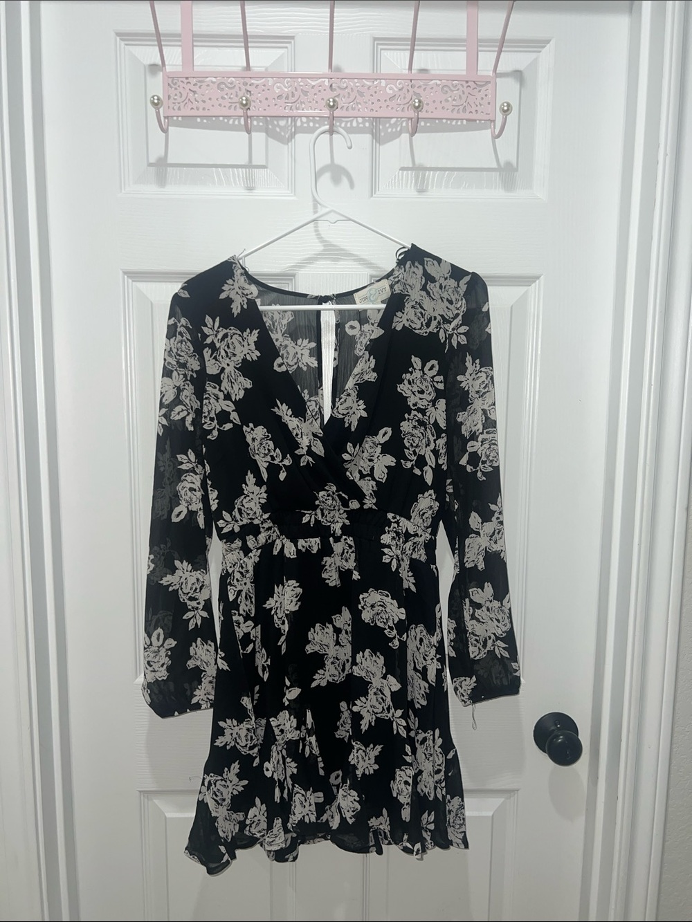 Black Floral Long-Sleeve Wrap Dress - Women's